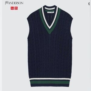 Uniqlo JWAnderson V-Neck Sweater Vest - Navy with Green and White Accents